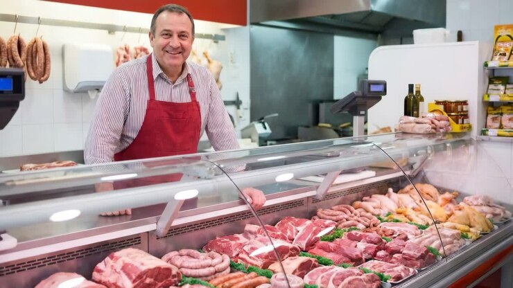 Butcher shop with a smiling salesman