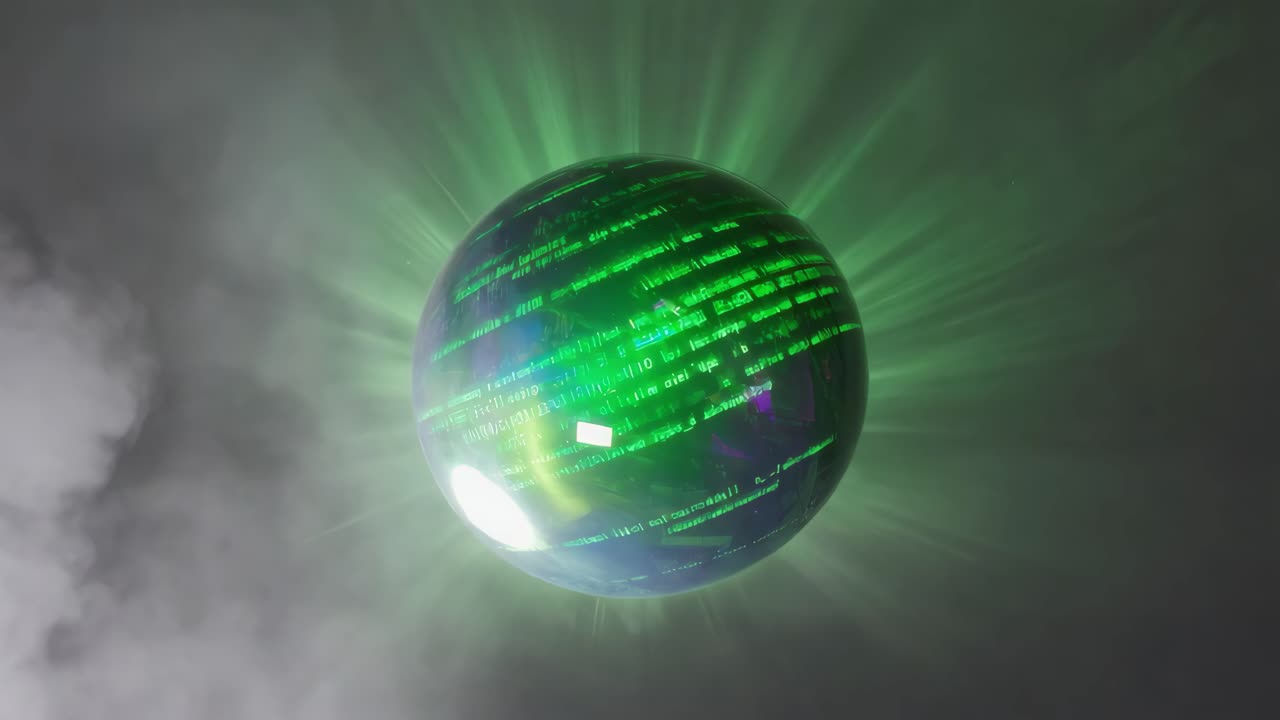 Futuristic Glowing Green Orb in Smoke