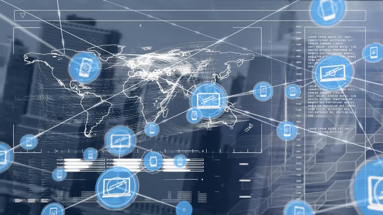 Animation of network of connections with icons over data processing with world map and cityscape