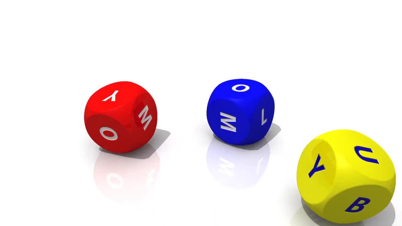 varios dados multicolores 3d rodando contra un fondo blanco