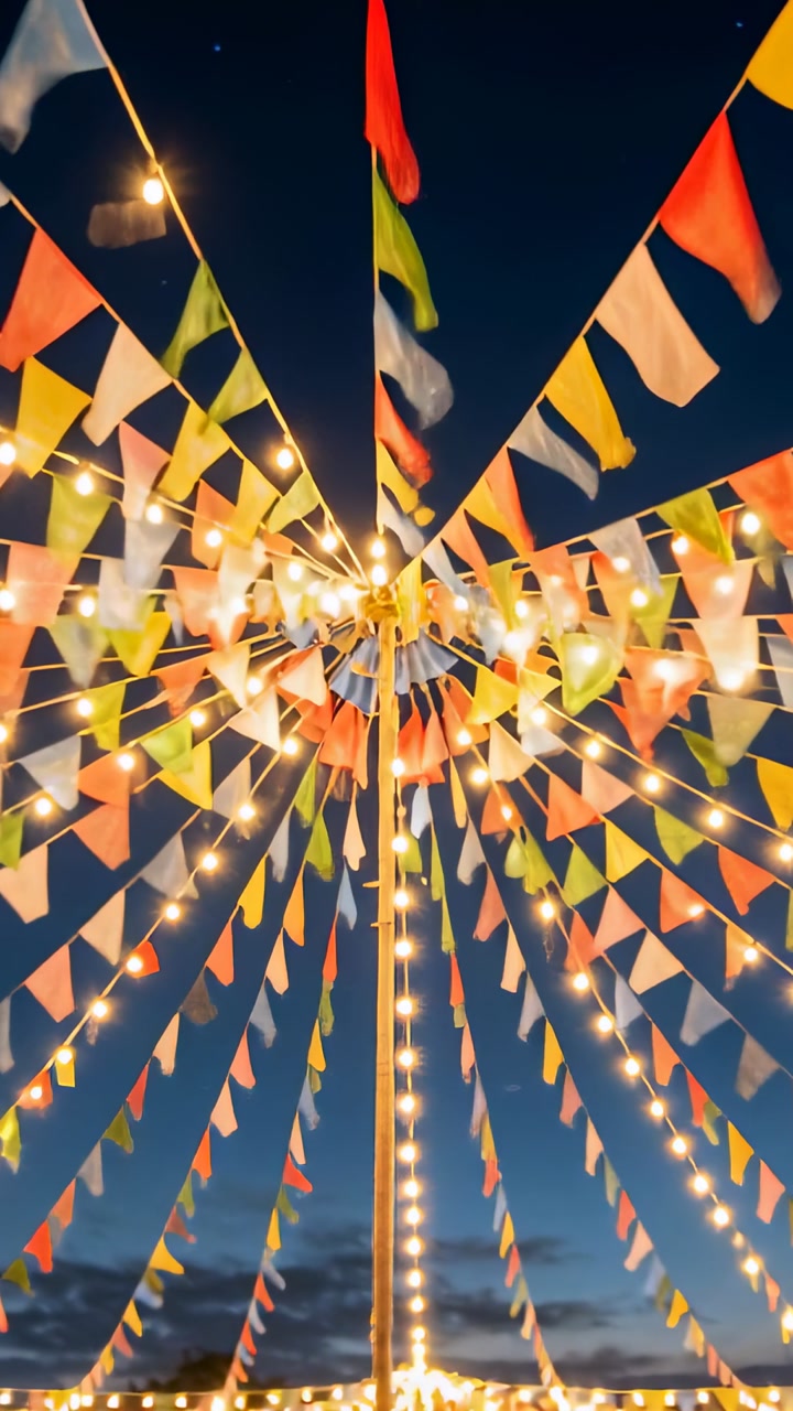 Decorative pennant canopy fluttering from breeze at festival, lights outlining pole hub