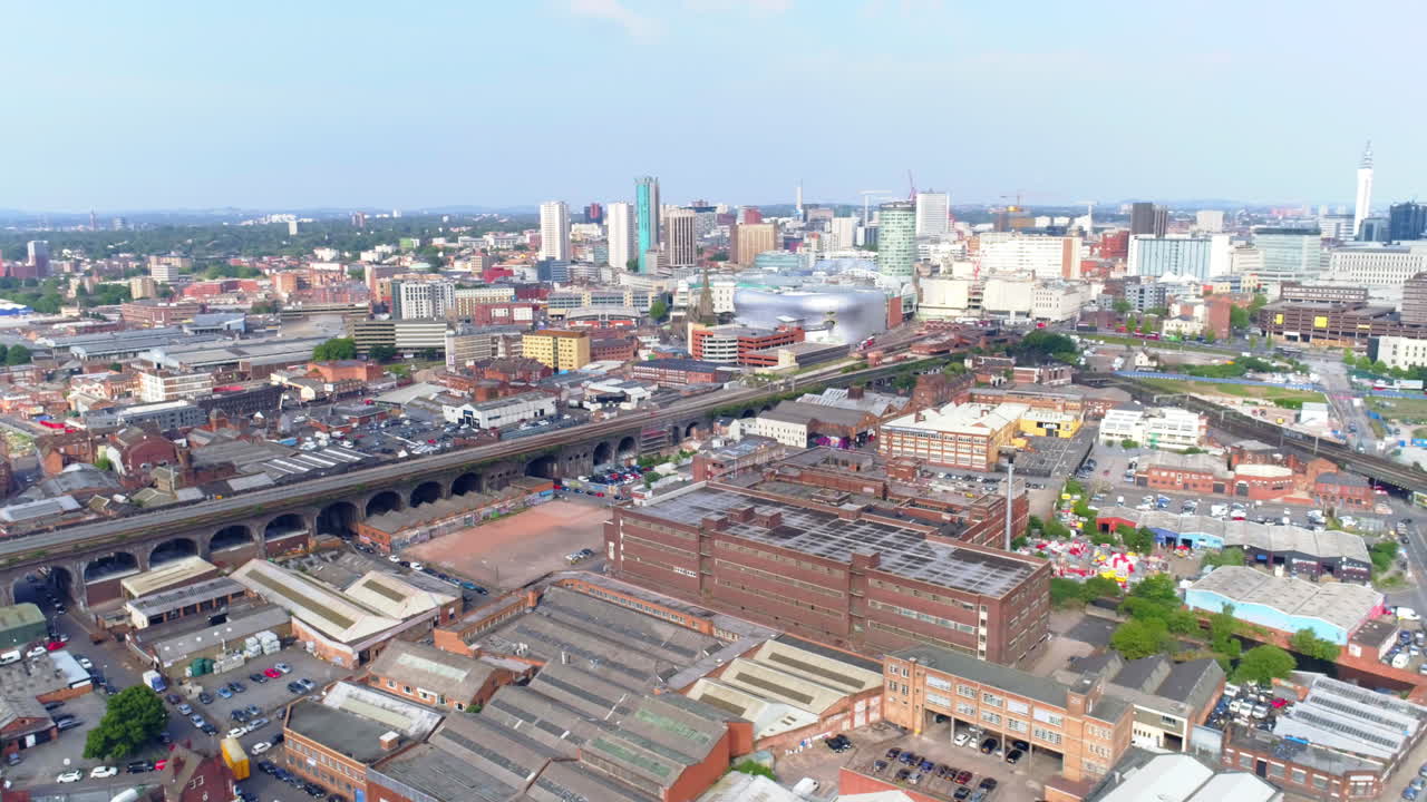 Aerial drone shot panning round to see the Bull Ring and city centre of Birmingham, UK