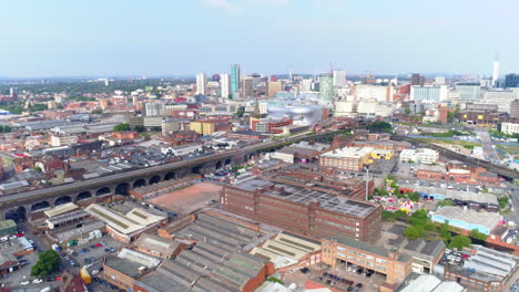 aerial drone shot panning round to see the bull ring and city centre of birmingham, uk