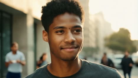 un joven sonriente caminando por la calle de la ciudad.