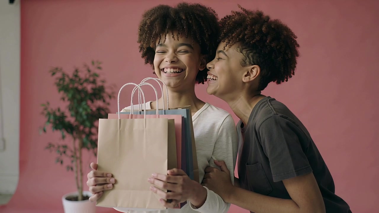 Leaning right teen in dark tee kissing teen holding shopping bags on pink backdrop after shopping
