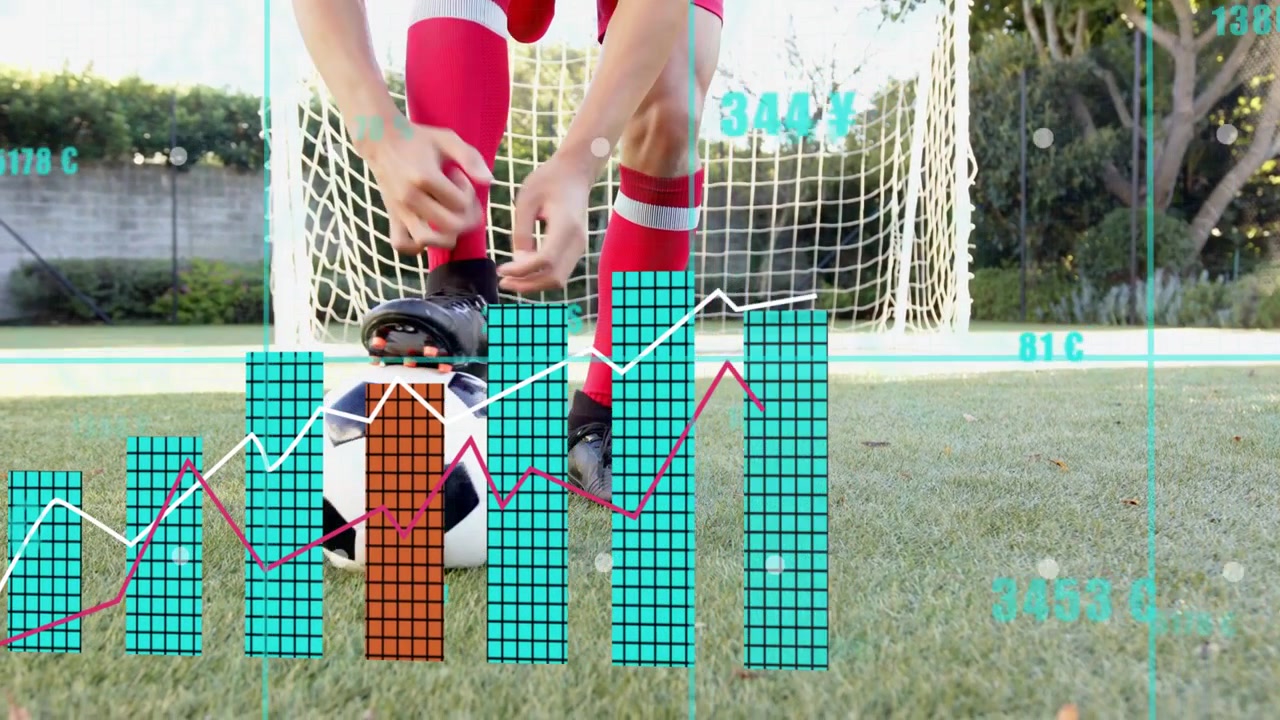 Teenage male soccer player tapping ball tying cleats while sports analytics bar charts appearing