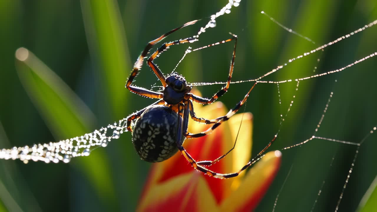 araña en una red con gotas de rocío