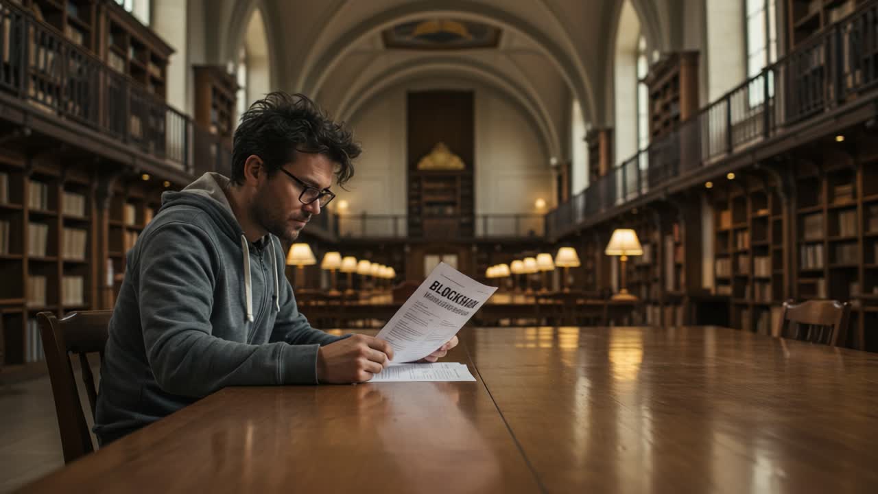A Thoughtful Student Engaged in Reading About Blockchain Technology in a Majestic Library Setting, Surrounded by Books and Warm Lighting