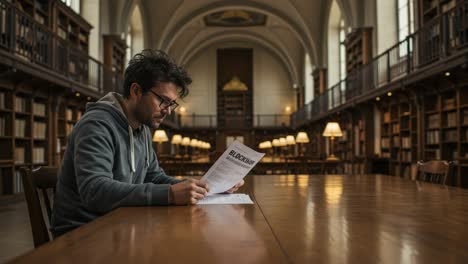 a thoughtful student engaged in reading about blockchain technology in a majestic library setting, surrounded by books and warm lighting