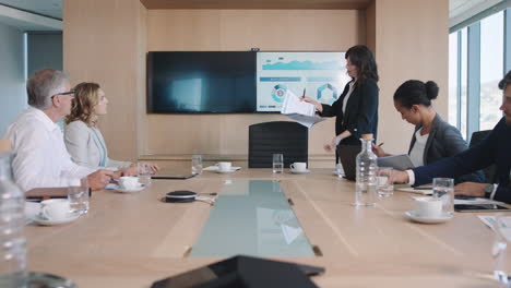 business woman team leader presenting financial data on tv screen sharing project with shareholders briefing colleagues discussing ideas in office boardroom presentation