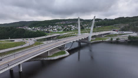 aerial view of farris bridge over the lake in larvik, norway