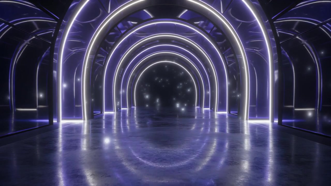 Tunnel futuristico con archi al neon viola luminosi e particelle fluttuanti