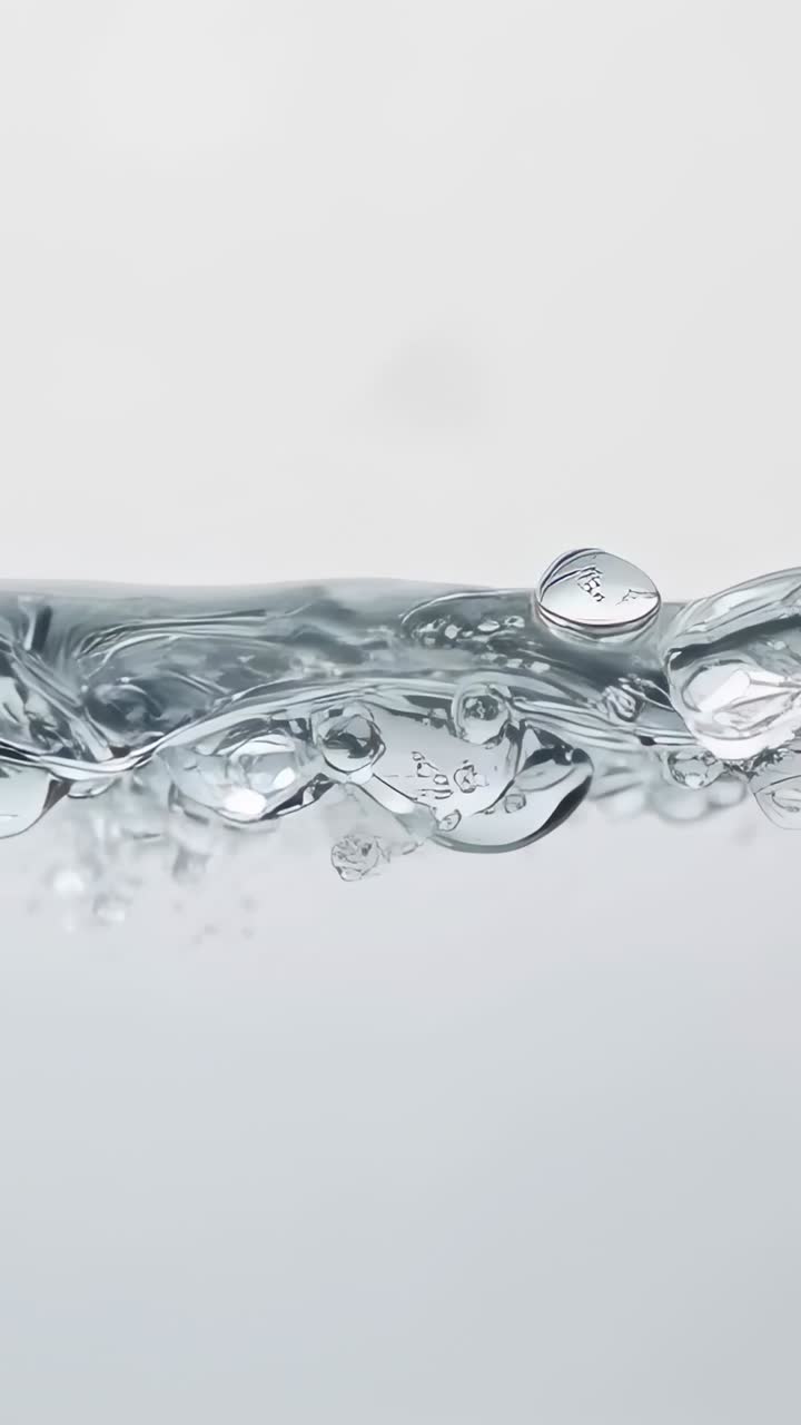 Video verticale: bolle che salgono spingendo una grande bolla di superficie lungo una fascia di acqua limpida in studio