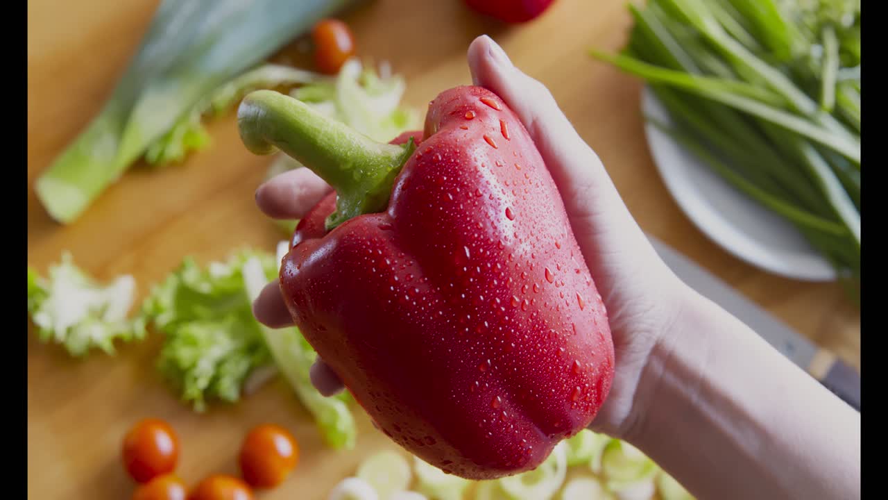 pimienta roja en la mano con otras verduras