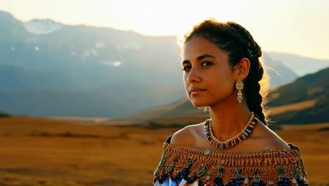 mujer hermosa con joyas tradicionales en un campo