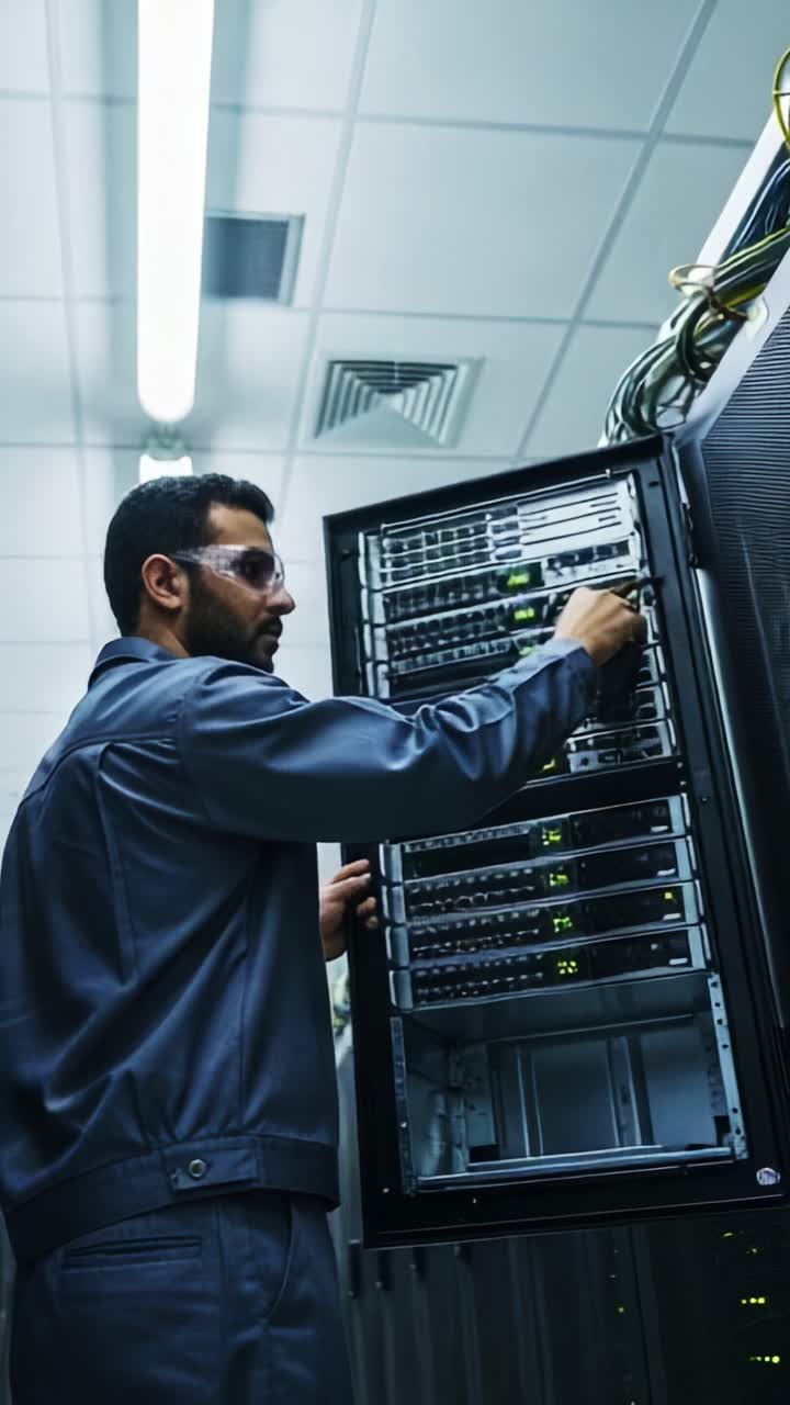 Technician Adjusting Server Rack in Data Center: Ensuring Optimal Performance and Connectivity with a Focused Approach to IT Infrastructure Management