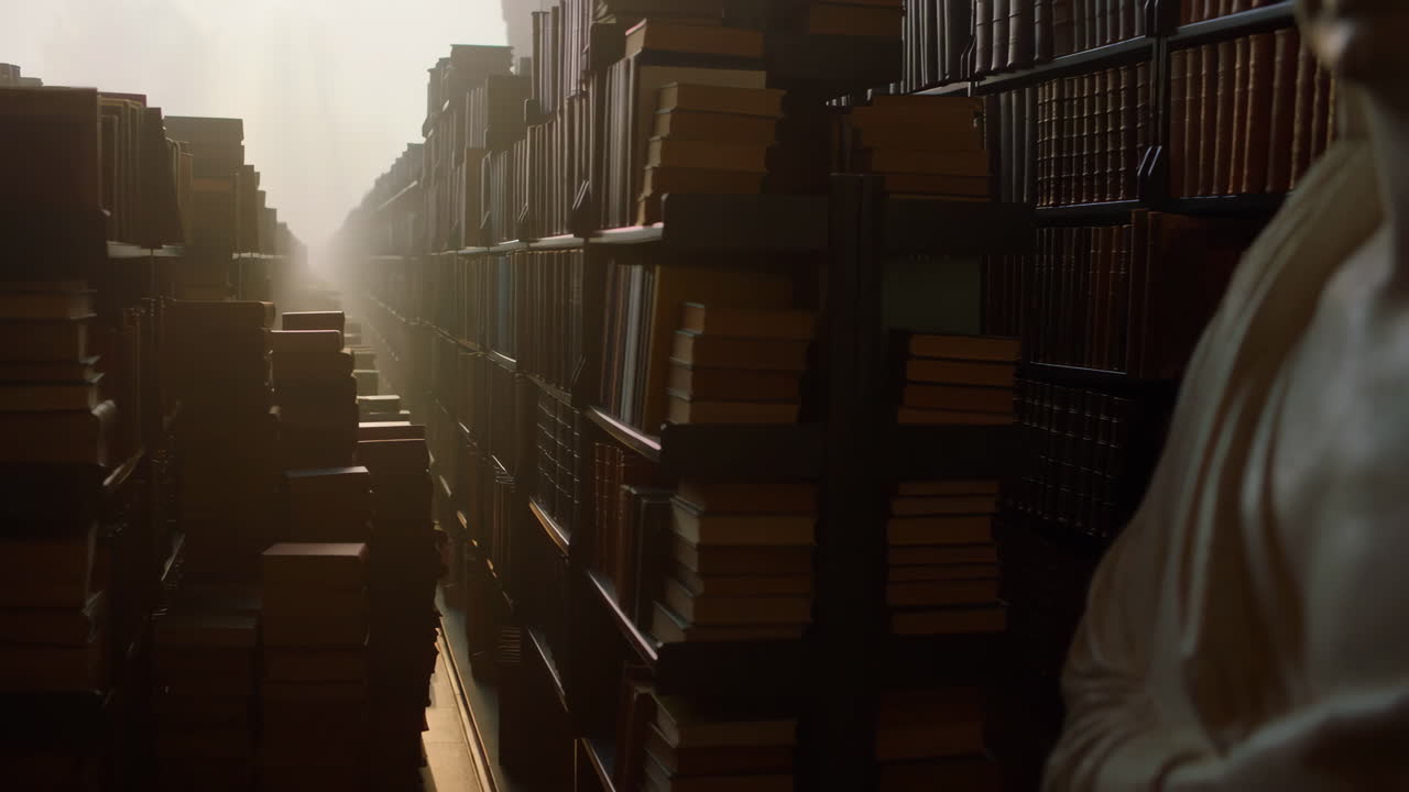Vast Illuminated Library with Endless Rows of Bookshelves