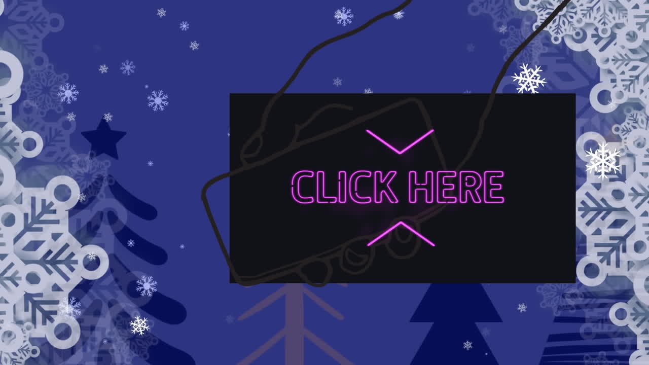 animación de clic aquí texto en pantalla sobre la nieve que cae en el fondo