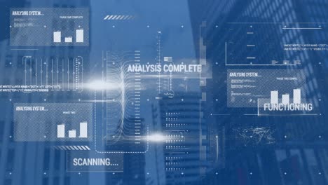 Animation of interface with data processing against tall building