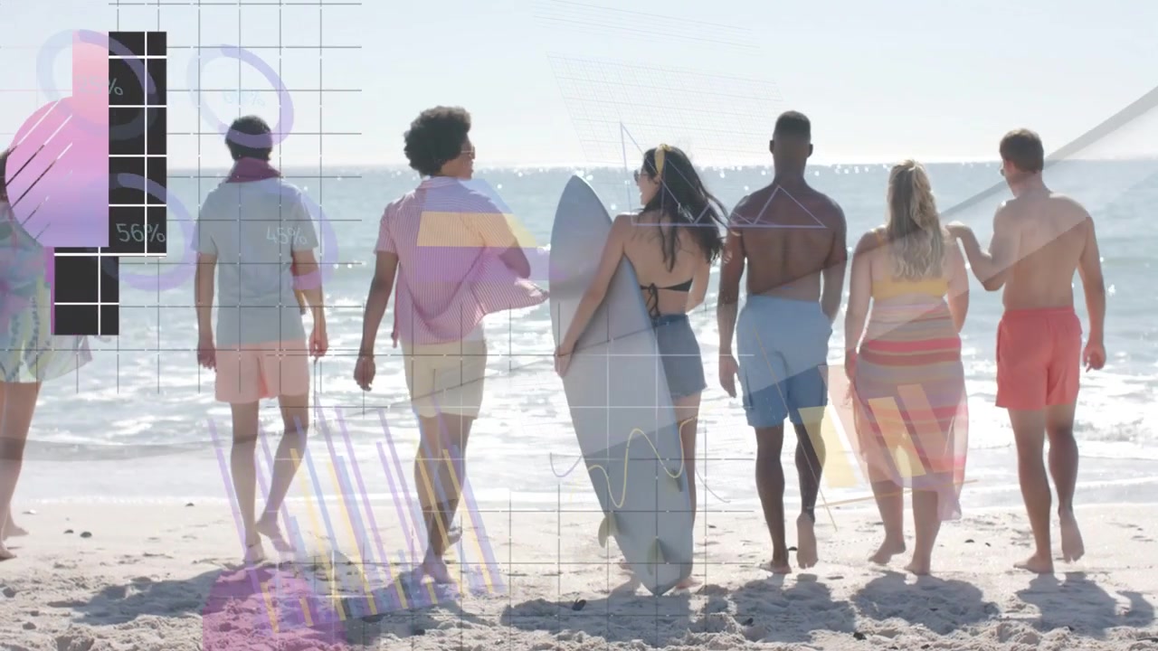 7 adulti che camminano verso la riva, uno che indica, gruppo che si muove con sovrapposizioni di viaggio su tabellone che scorrono e poi svaniscono.