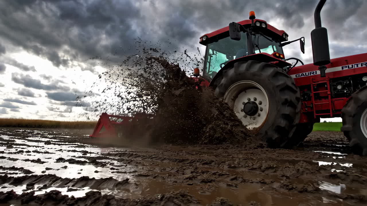 Red Tractor Navigating a Muddy Field Under a Cloudy Sky