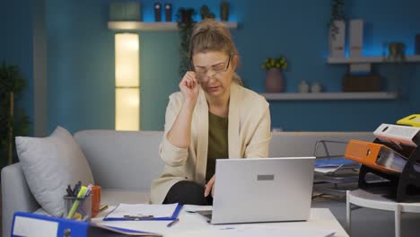 home office worker woman has eye pain.