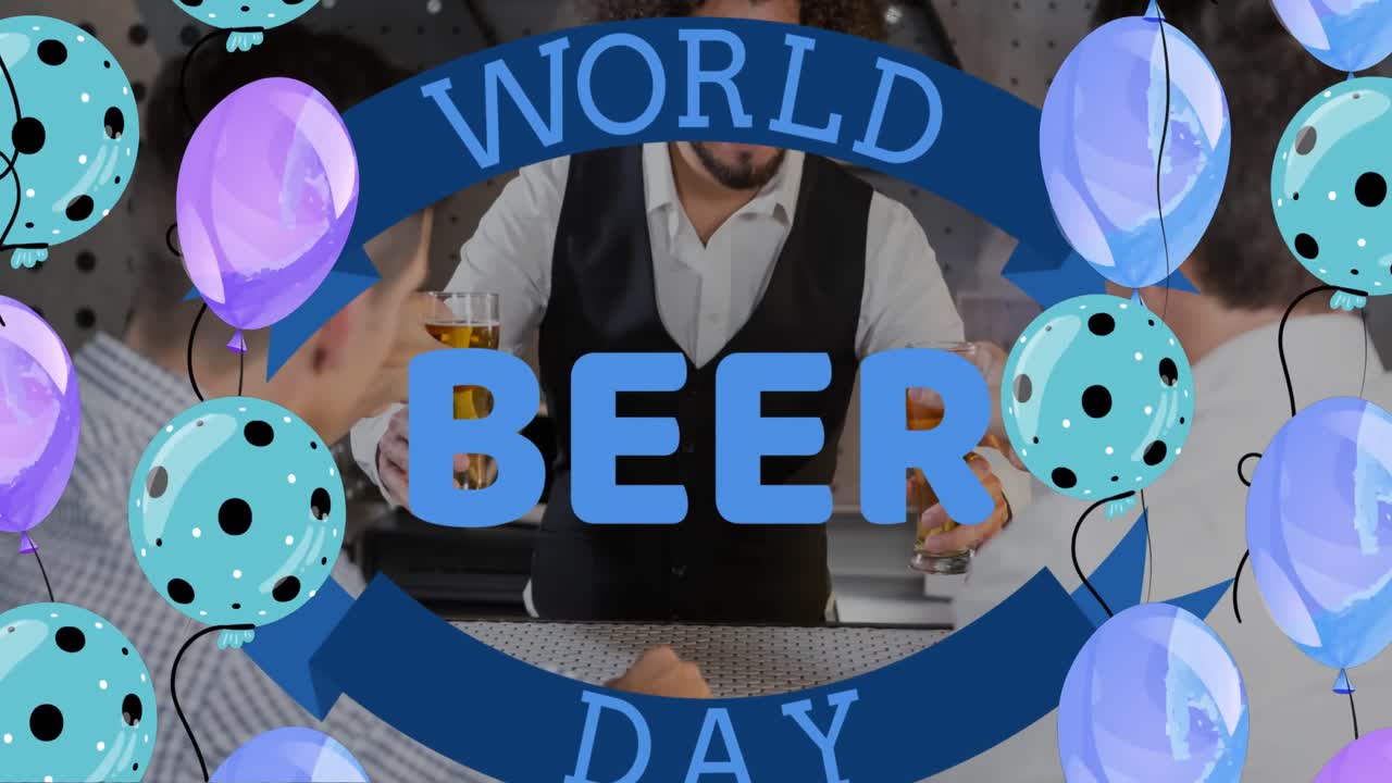 Animation of world beer day text over balloons and caucasian male friends in bar