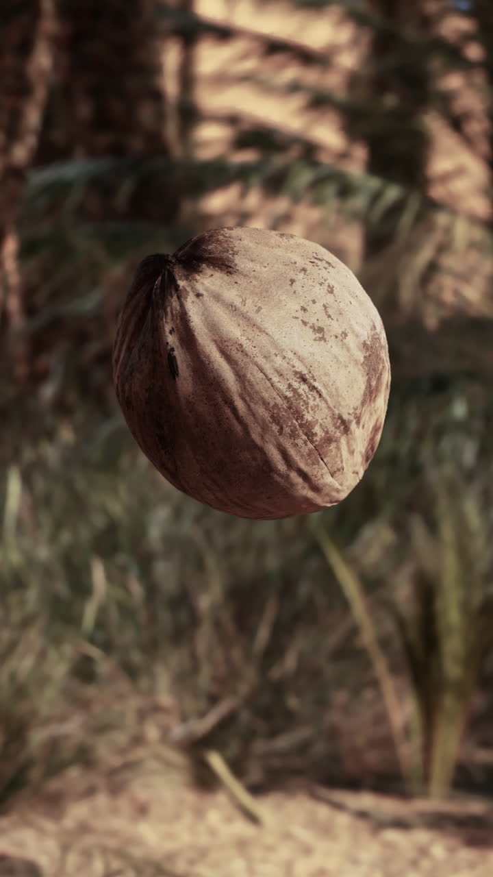 un solo coco colgando de una palmera