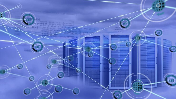 Animation of network of connections with icons over computer servers in clouds