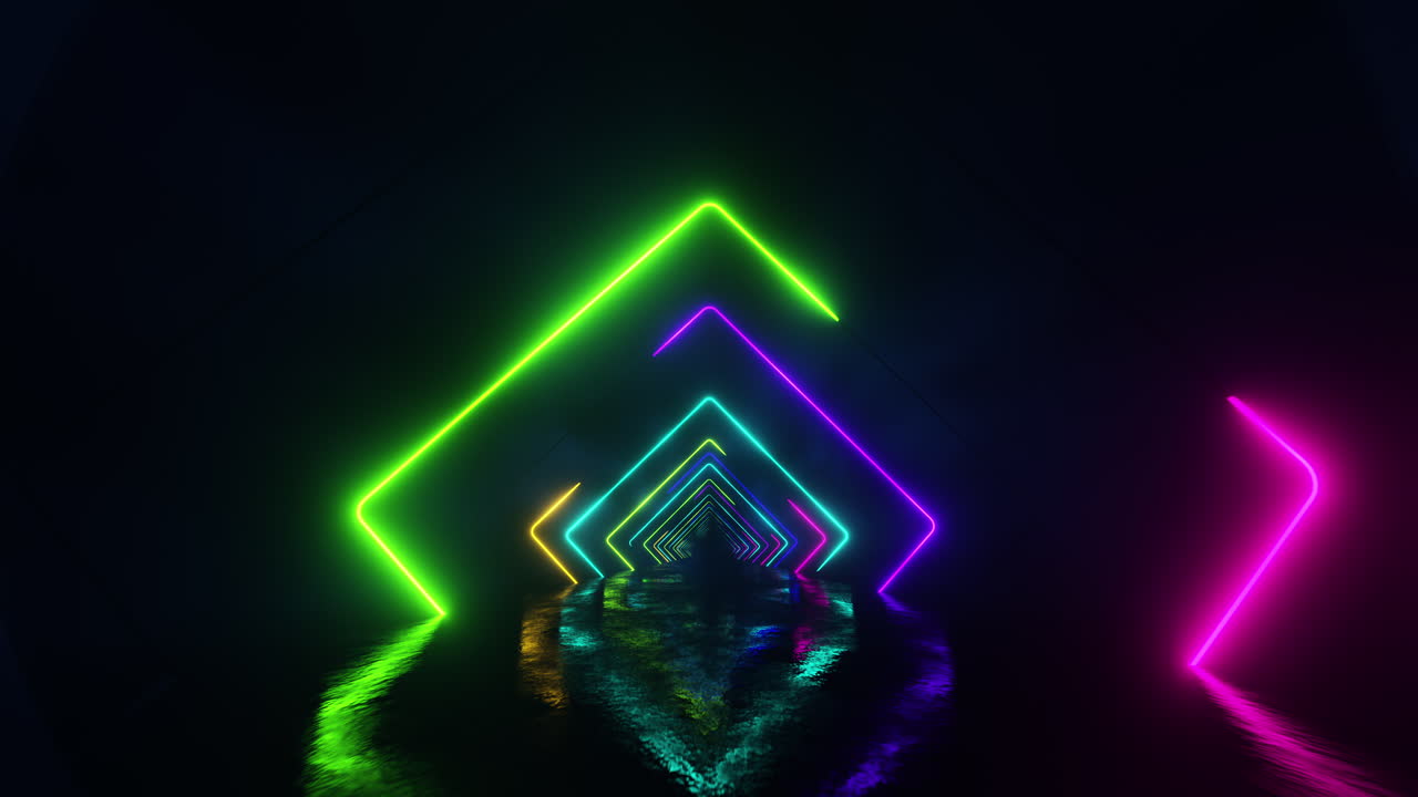 Volo attraverso un tunnel neon multicolore con figure a forma di diamante. Animazione in loop infinito.
