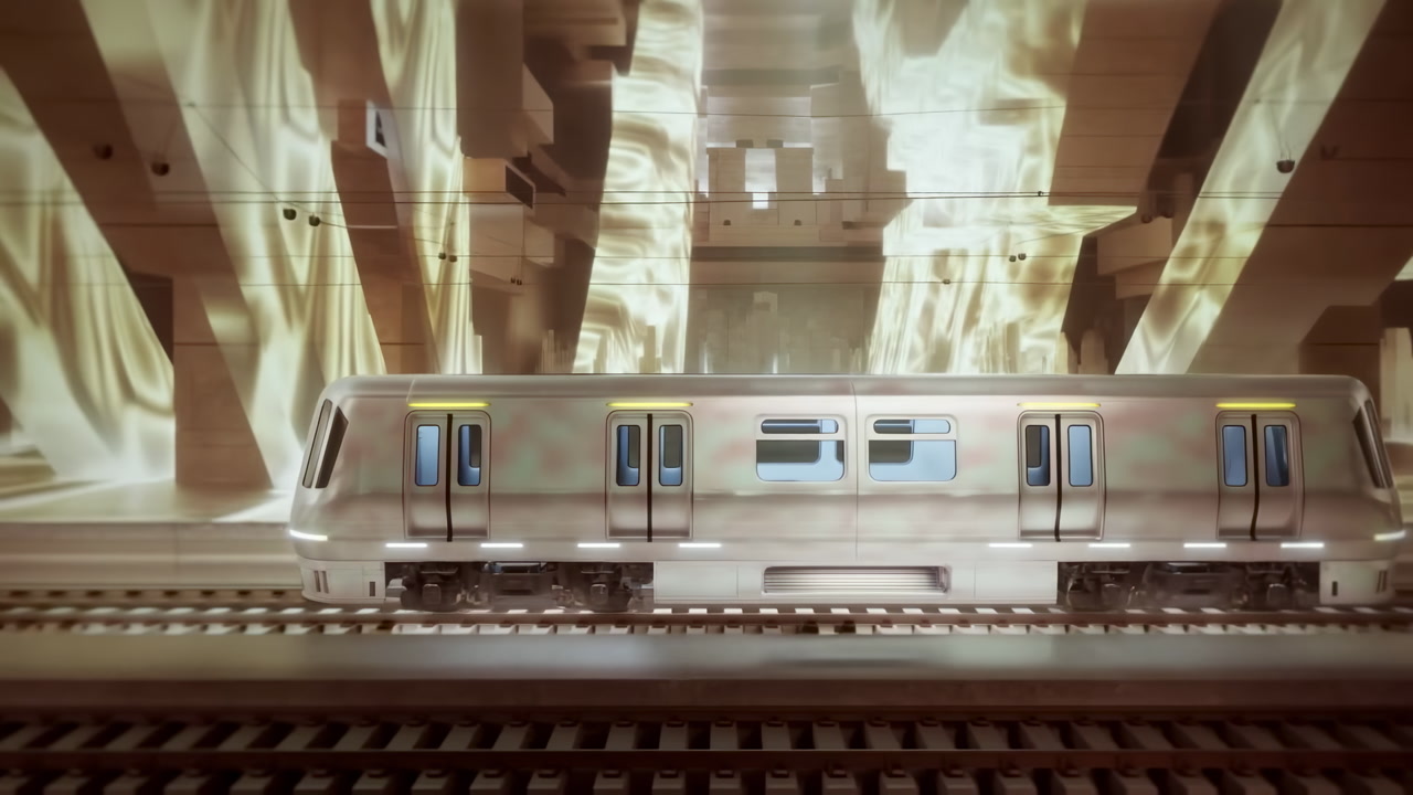 Empty Futuristic Subway Station Gliding Train Amid Golden Reflections And Towering Concrete Columns, Cinematic