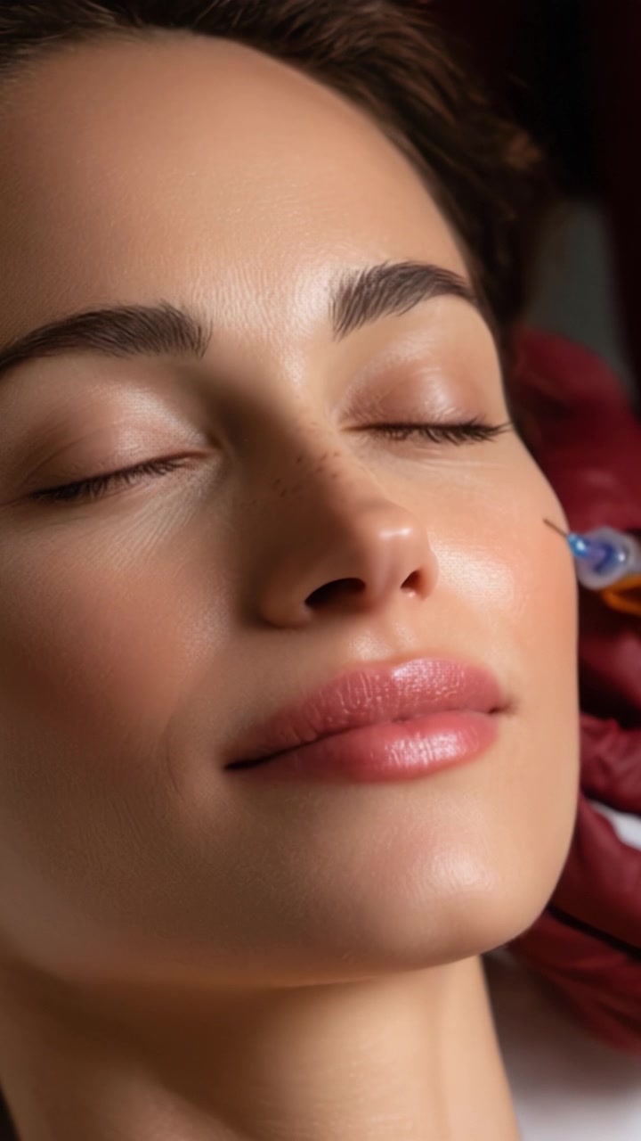 Close-up da expressão serena de uma mulher durante um tratamento facial, destacando a beleza natural e a rotina de cuidados com a pele em um ambiente relaxante.