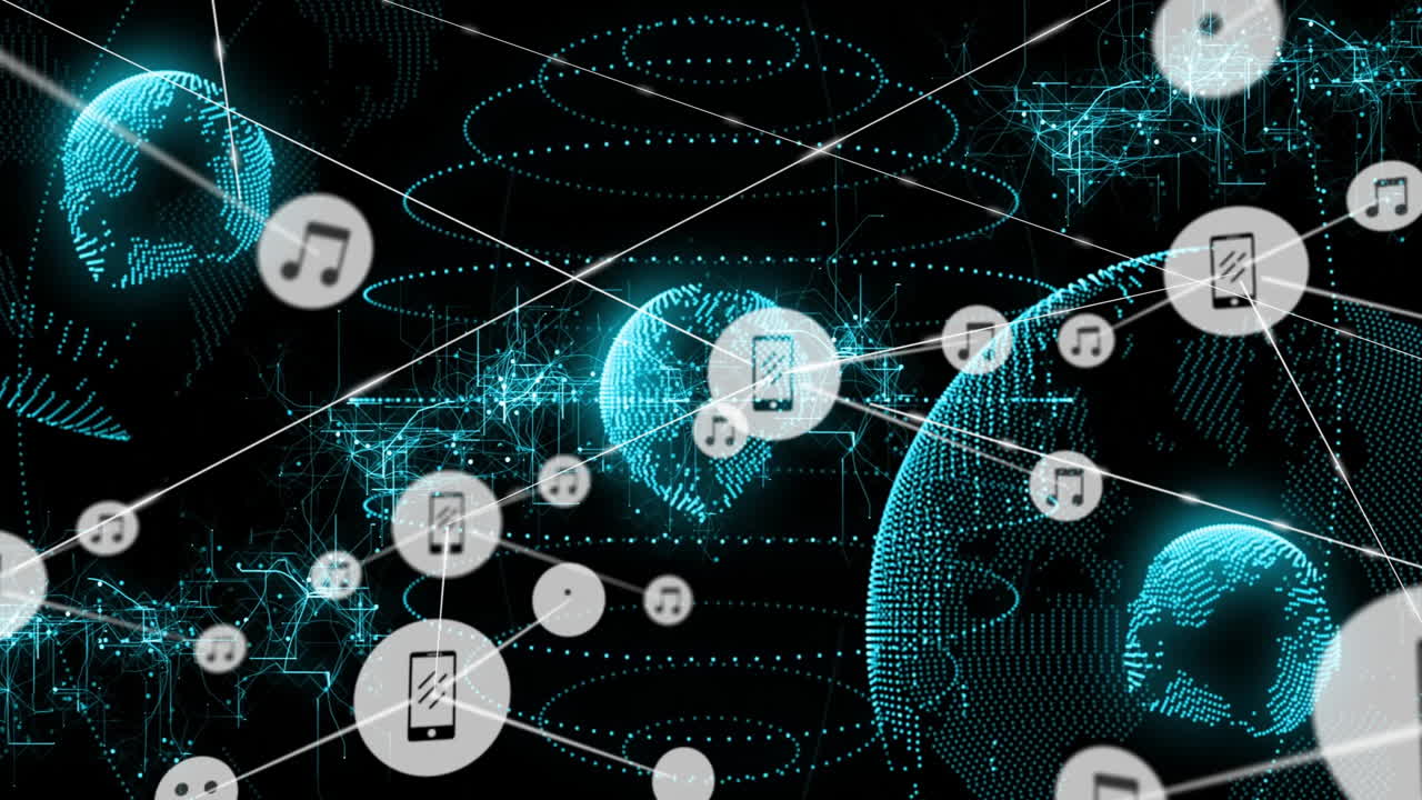 Animation of digital network with connected devices and data icons around globe