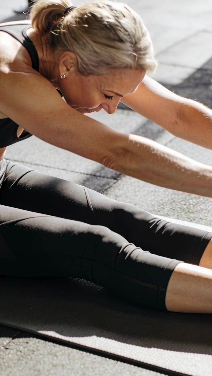 Vertical video: Lifting head, woman deepening fold on gym mat in black sportswear for fitness