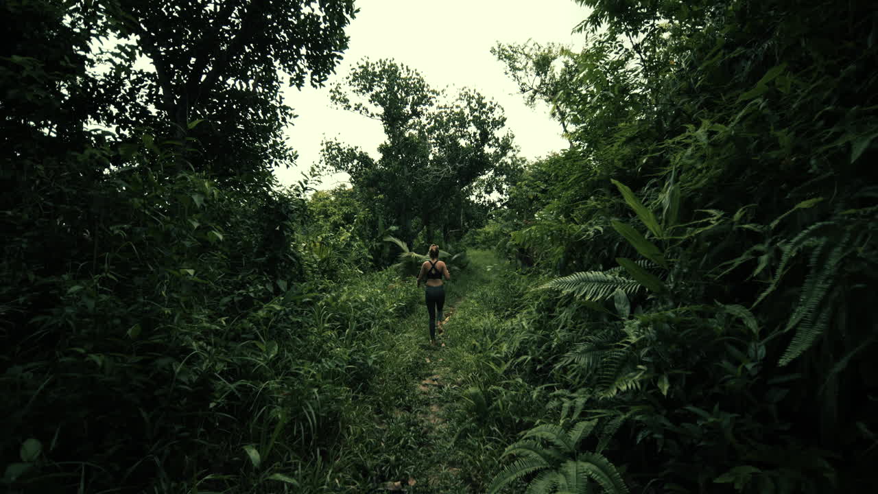 Woman Hiking Through Lush Tropical Forest
