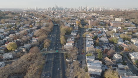 drone shot of the new york city skyline on an autumn day.