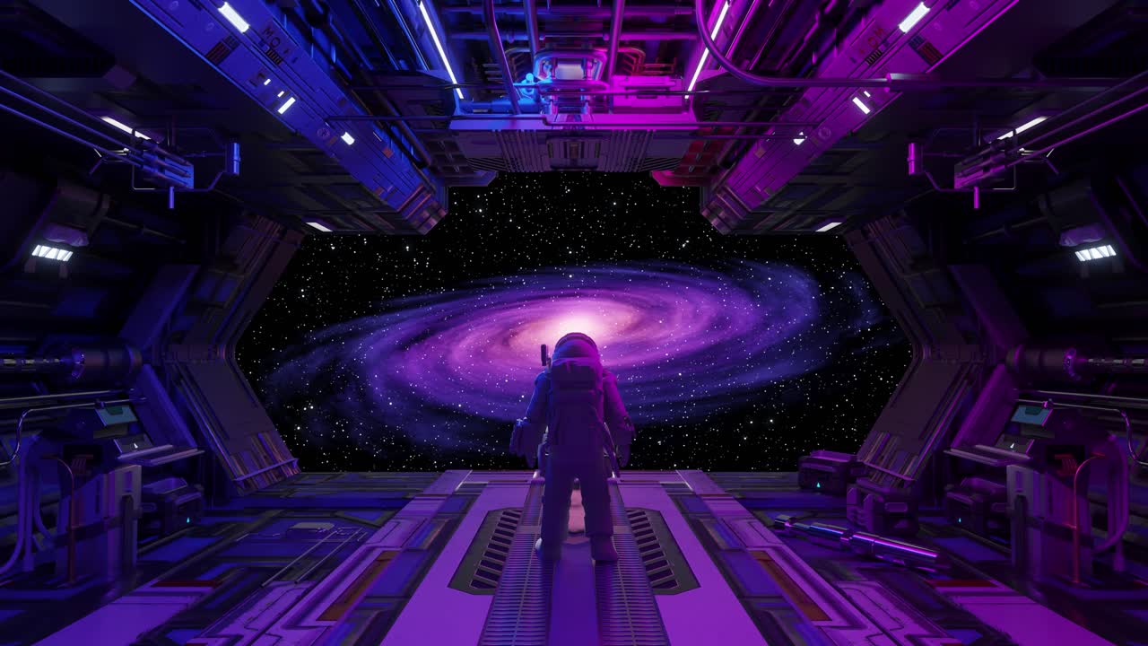 Astronaut observing galaxy from spaceship bay window