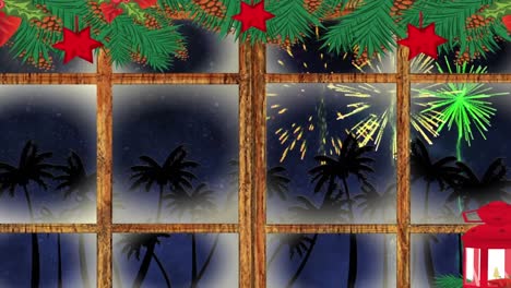 Christmas-lamp,-decorations-and-wooden-window-frame-against-palm-trees-and-fireworks-exploding