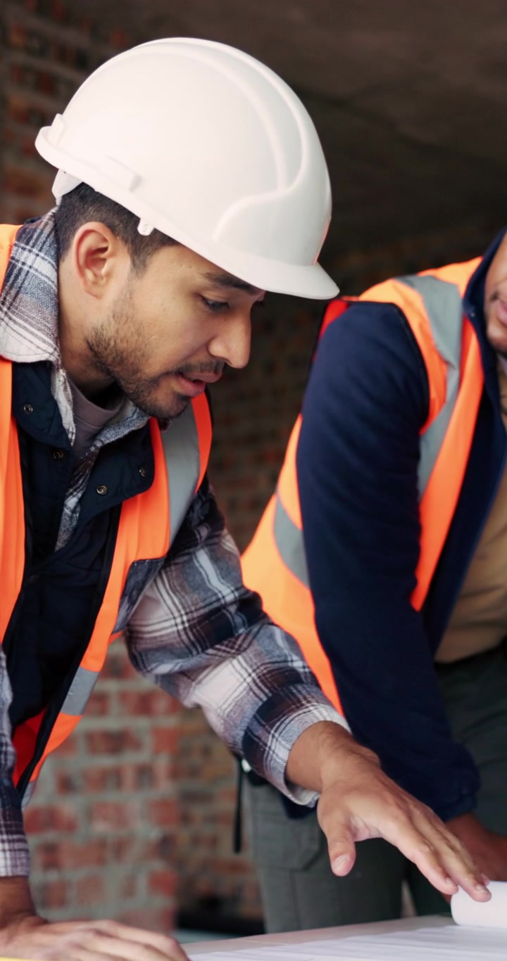 Construction Workers Reviewing Blueprints at Building Site