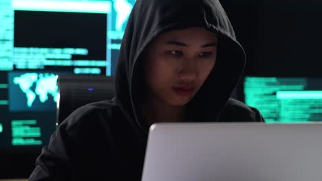 close up of asian female hacker in a hood showing shh gesture with index finger near mouth while works on a laptop with maps and data on display screens of multiple monitors in a dark office room