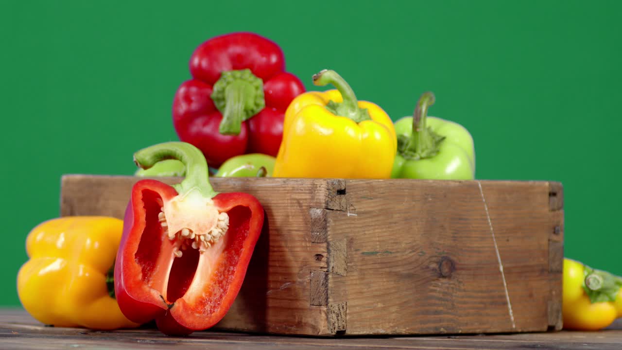 los pimientos dulces en una caja de madera giran lentamente.