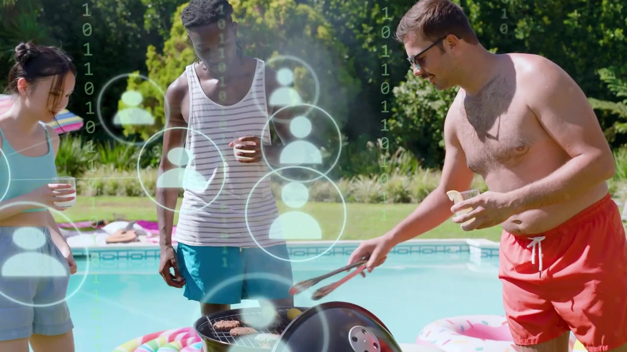 Homem fazendo churrasco à beira da piscina para amigos, com fumaça subindo e gerando o crescimento de ícones de tecnologia e código binário