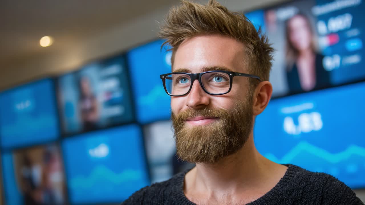 A Young Professional with a Beard and Glasses Smiles Confidently in Front of Digital Screens Displaying Data Insights and Metrics in a Modern Office Environment