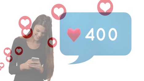 animation of heart icons with growing numbers over caucasian woman using smartphone