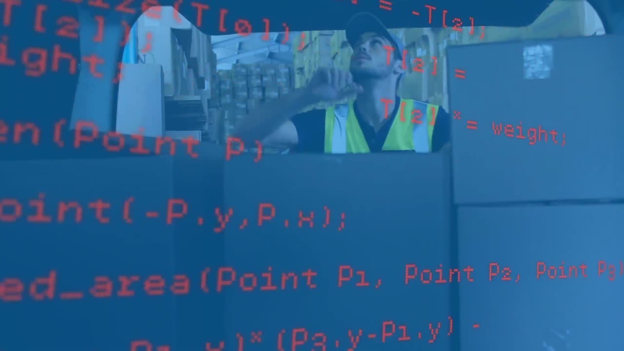 Data processing against caucasian delivery man stacking delivery boxes in his van