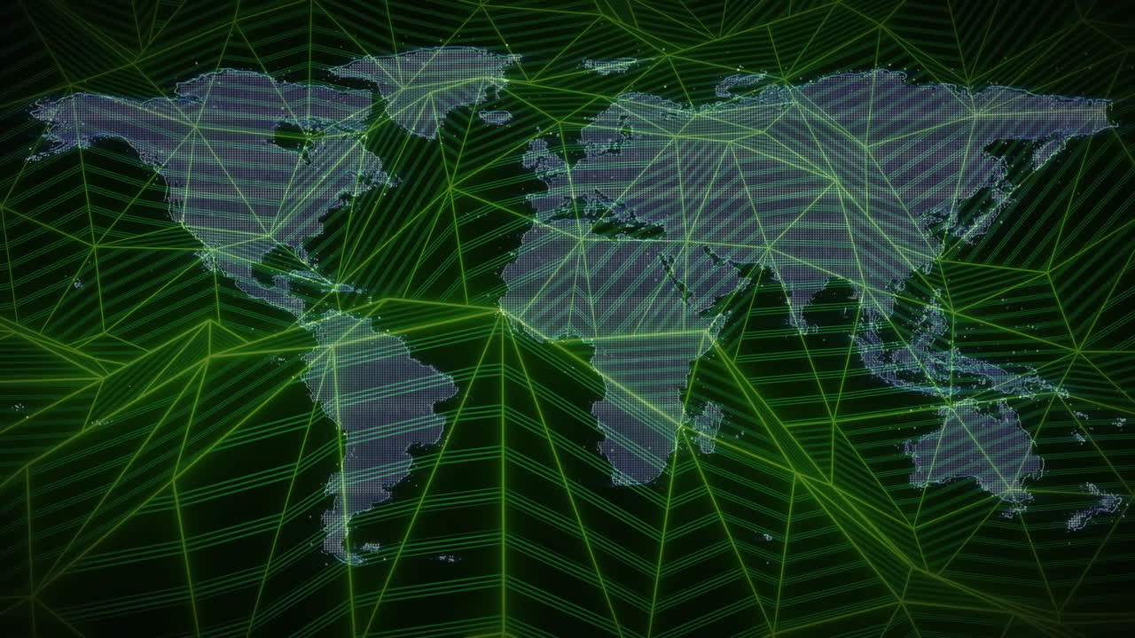 Animation of world map over network of connections on black background