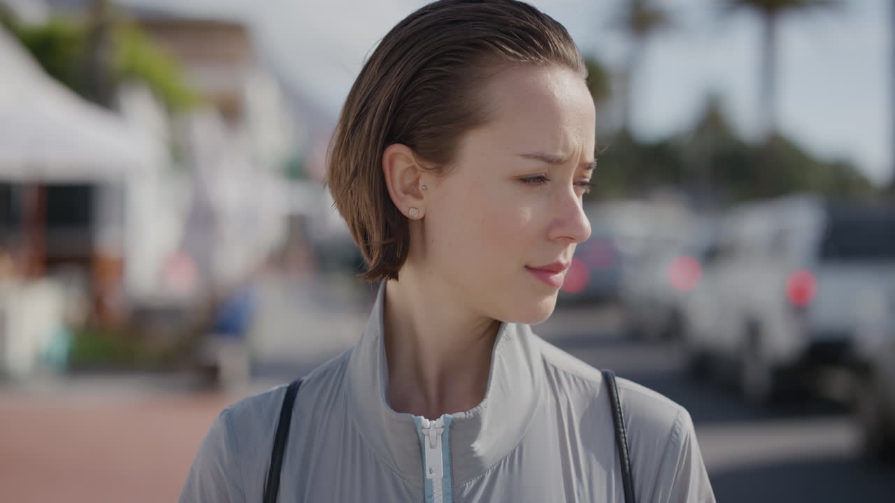 아름다운 젊은 여성의 초상화 도시 해변 여름 휴가를 즐기며 편안하게 보입니다.