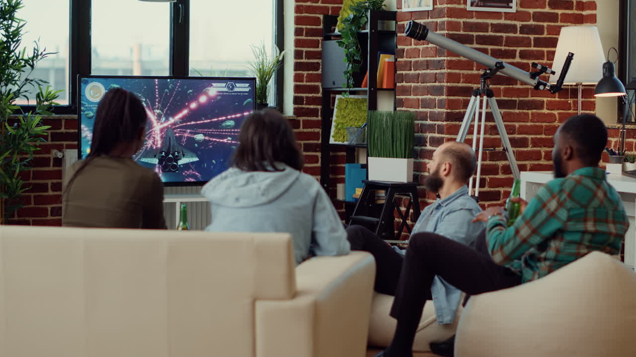 Group of friends losing at video games online competition