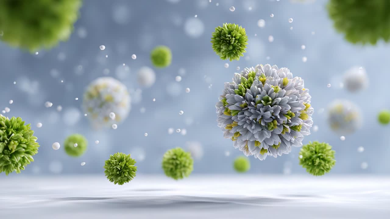 活気に満ちた微生物の魅惑的な眺め：ダイナミックな顕微鏡環境に浮かぶ色とりどりのバクテリアと花粉の見事なビジュアル表現