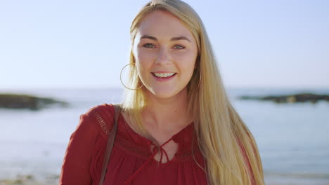 Woman,-face-or-fashion-by-beach